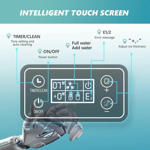 Intelligent touch screen of Countertop Ice Cube Maker Machine With 2 Ways To Add Water showing settings and notifications.