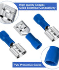 Blue Twenty Pack One Quarter Inch Female Spade Connectors Kit for 22-16 AWG Wire, highlighting copper conductivity and PVC covers.