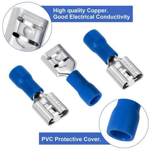 Blue Twenty Pack One Quarter Inch Female Spade Connectors Kit for 22-16 AWG Wire, highlighting copper conductivity and PVC covers.