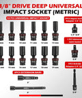 Three Eighth Inch Drive Universal Impact Socket Set With 17 Pieces Deep Swivel Wobble Sockets Flexible 6 Point Metric 8 To 19mm