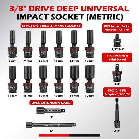 Three Eighth Inch Drive Universal Impact Socket Set With 17 Pieces Deep Swivel Wobble Sockets Flexible 6 Point Metric 8 To 19mm