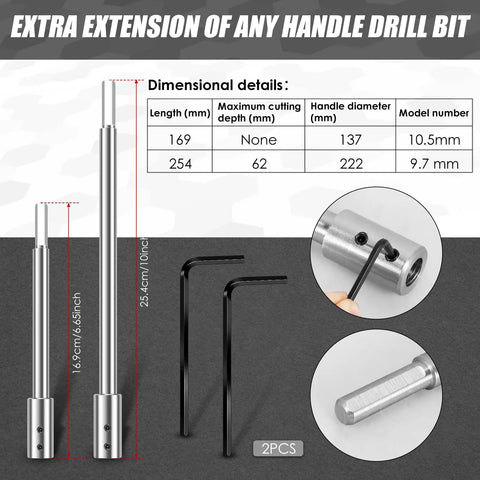 2 Piece Forstner Bit Extension Kit With Slick 3/8 Inch Shank Grip, features rugged steel drill bit extensions measuring 169mm and 254mm.