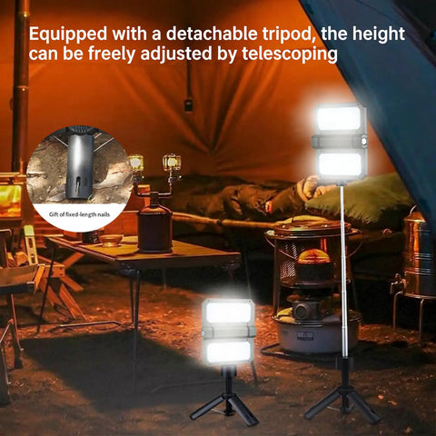 Take Anywhere Portable Telescopic Camping Light with adjustable stand in a cozy tent setup for outdoor adventures.