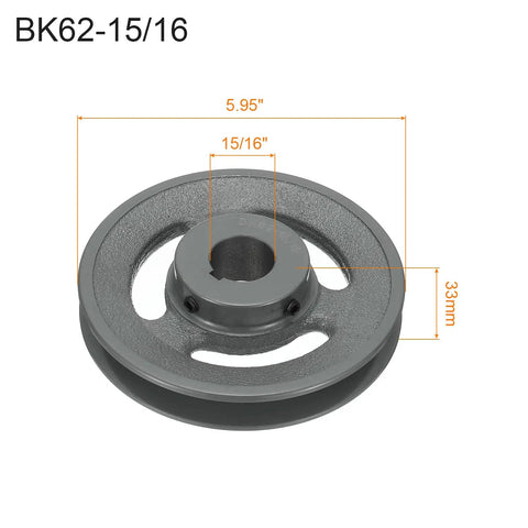 Heavy Duty V Belt Sheave Fifteen Sixteen Bore 5.95 Inch OD Single Groove Web Cast Iron Bored To Size For 3L Or B Belts Includes Keyway And Hollow Head Set Screws Durable Drive Wheel For Tough Machinery, cast iron sheave with 5.95in OD and 15/16in bore