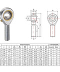 Two Pack One Half Inch Bore Rod End Bearing With One Half By Twenty Right Hand Thread Self Lubricating Joint Jam Nut Included POSB8 style steel rod end with dimensions chart