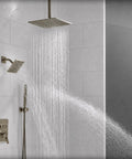Lava Odoro Square Rain Shower Faucet Set, Button Diverter Shower Faucet with 3 in 1 Handheld, Ceiling Mount Rainfall Shower System with 2 Shower Head, Valve Trim Kit, 12 Inch features dual shower heads and water flow.