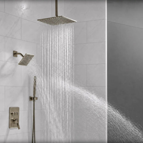 Lava Odoro Square Rain Shower Faucet Set, Button Diverter Shower Faucet with 3 in 1 Handheld, Ceiling Mount Rainfall Shower System with 2 Shower Head, Valve Trim Kit, 12 Inch features dual shower heads and water flow.