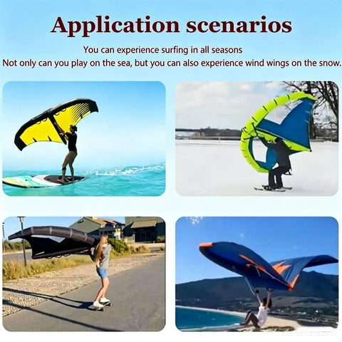 Images showcasing use of Inflatable Wingfoil Board With Lightweight Wind Wing Hydrofoil And Handheld Sail Observation Window for kitesurfing and wingsurfing.