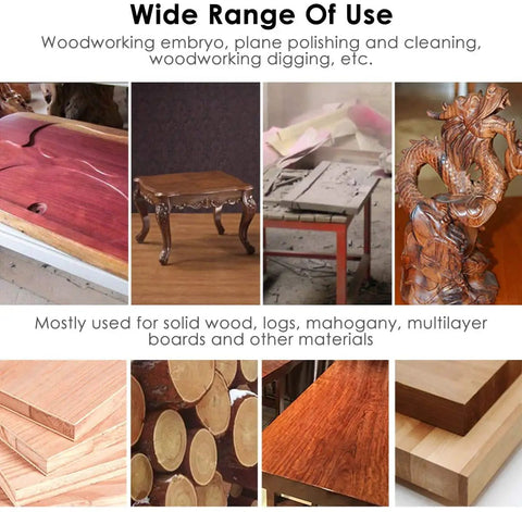 Wide range of wood materials including slabs, tables, and logs showcasing Heavy Duty Wood Turbo Carving Disc Curve Eight Tooth Angle Grinder Blade 103 Mm.