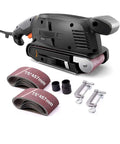 600W Electric Belt Sander With Variable Speed Control And Copper Motor, accessories including abrasive belts and attachments.