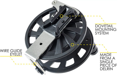 R50 Dive Reel With One-Piece Delrin Body And AISI316 Stainless Steel Hardware showing dovetail mount and wire guide eyelet