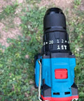 Top view of Heavy Duty 21V Cordless Drill Set With Dual Speed Gears, showing keyless chuck and speed settings.