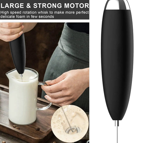 Handheld Electric Milk Frother Wand for Coffee at Home, Battery Operated Drink Mixer in use with milk jug on countertop