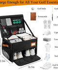 2 Layer Golf Trunk Organizer with 2 shoe compartments, waterproof, black, holds golf balls, gloves, towels, caps, and shoes