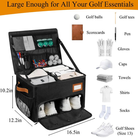 2 Layer Golf Trunk Organizer with 2 shoe compartments, waterproof, black, holds golf balls, gloves, towels, caps, and shoes