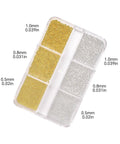 Nail Art Steel Beads And Mini Ball Rhinestones For Caviar Nails In Gold Silver Or Mixed Tone Dope For Pro Level Nail Art, 0.5mm 0.8mm And 1mm Sizes, 6 Compartment Box For Easy Organization And Precise Detailing, gold and silver bead organizer with size labels