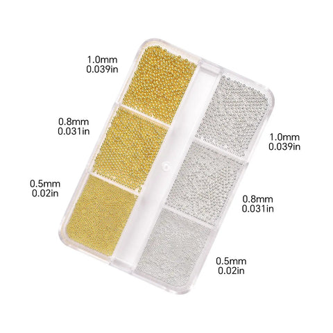 Nail Art Steel Beads And Mini Ball Rhinestones For Caviar Nails In Gold Silver Or Mixed Tone Dope For Pro Level Nail Art, 0.5mm 0.8mm And 1mm Sizes, 6 Compartment Box For Easy Organization And Precise Detailing, gold and silver bead organizer with size labels
