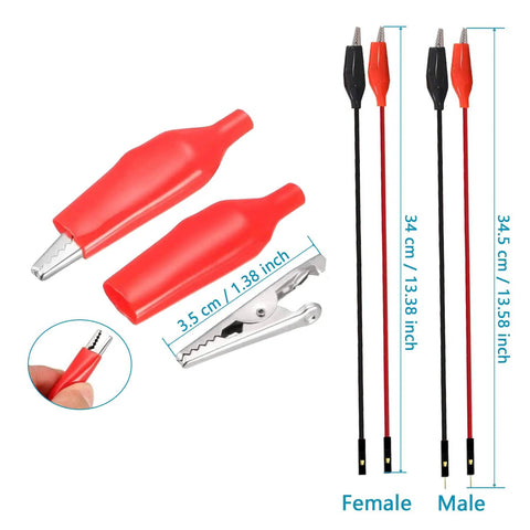 Plug And Play Breadboard Kit with power supply alligator clip test leads, red and black, 34.5cm and 3.5cm lengths, male and female connectors.