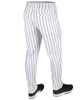 Rear view of Pro Weight Four Way Stretch 14 Ounce Tapered Baseball Pants For Adults White With Black Pinstripes Open Bottom Tailored Fit TEK KNIT Polyester Durable Gameday Ready Pant