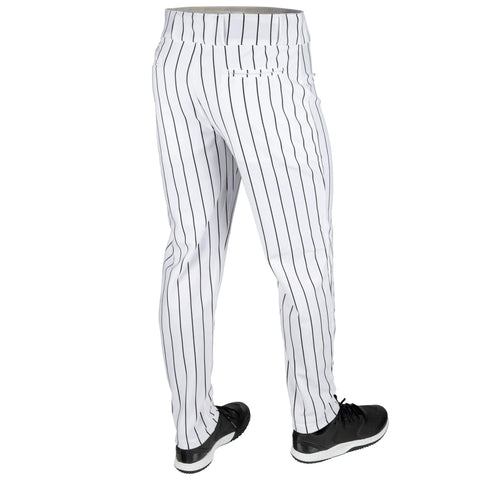 Rear view of Pro Weight Four Way Stretch 14 Ounce Tapered Baseball Pants For Adults White With Black Pinstripes Open Bottom Tailored Fit TEK KNIT Polyester Durable Gameday Ready Pant
