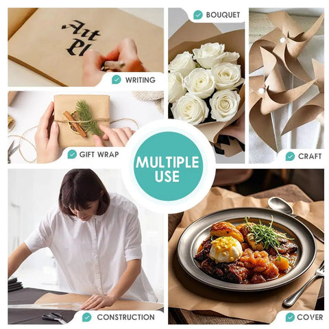 Collage of uses for Brown Kraft Paper Roll 36 Inch Wide By 200 Feet Long 70Gsm 50Lb Unwaxed Uncoated Kraft Sheet, including writing and wrapping