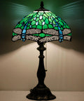 Tiffany Style Stained Glass Table Lamp With Green Dragonfly Shade, 12 Inch Shade And 19 Inch Tall Antique Bronze Reading Lamp