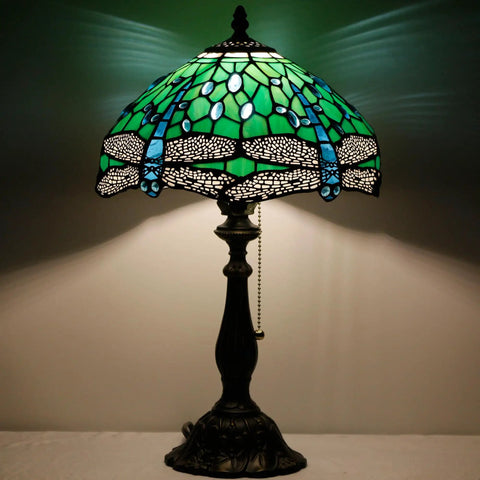 Tiffany Style Stained Glass Table Lamp With Green Dragonfly Shade, 12 Inch Shade And 19 Inch Tall Antique Bronze Reading Lamp