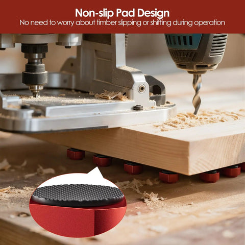 Top Shelf Workhorse Bench Dog Clamps In Twelve Pack Size For Mft Table Systems featuring non-slip grip pads during woodworking.