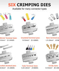 Six Piece Pro Grade Crimping Tool Set with Ratcheting Wire Crimper and Six Interchangeable Dies for various jaw types.