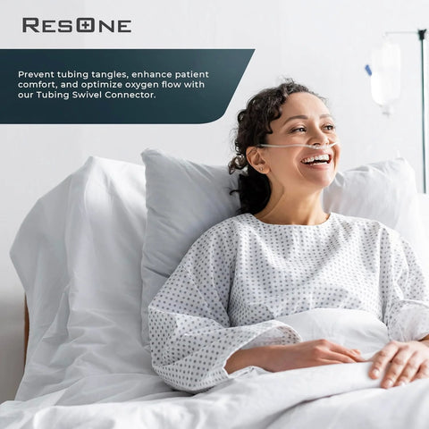 ResOne oxygen tubing with nasal cannula on patient in hospital bed, clear tubing