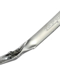 No-Tear Push-Style Staple Remover With All-Metal Chrome Construction For Durable Office Use, chrome-plated metal tool, side view.