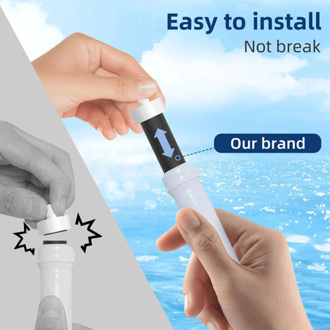 Water Bottle Filter Replacement for BB06 6 Pack Stainless Steel Finish Easy To Install filter being inserted into a water bottle.