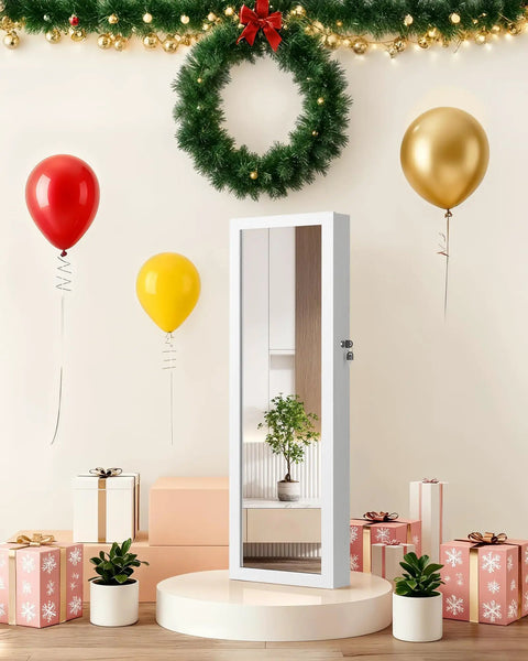 Six LED Mirror Jewelry Cabinet With Large Capacity Lockable Armoire Door Or Wall Mounted Jewelry Organizer white finish in festive setting