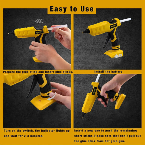 Cordless Hot Glue Gun For Arts And Crafts And DIY, Dewalt 20V Battery Compatible with hands using glue sticks and toggle switch.