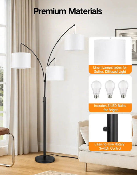 Arc LED Floor Lamp With Three Light Heads, 81 Inch Tall Black Modern Standing Lamp With White Shade, 2400 Lumens in living room