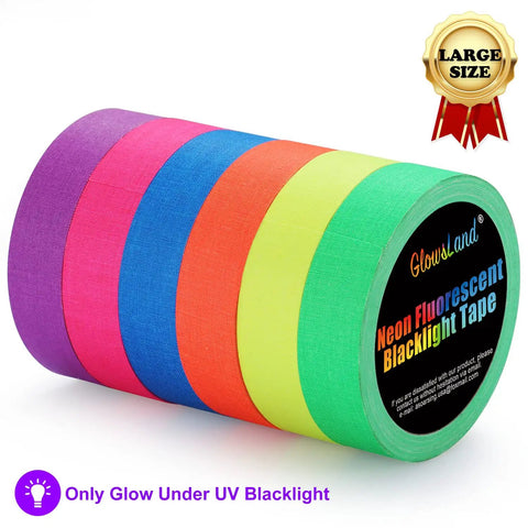 Six Roll Pack UV Blacklight Reactive Gaffer Tape Set Featuring Six Neon Colors, 1 Inch Wide, 50 Feet Per Roll, Great For Black Light Parties, Neon Decor, Stage Props, And Everyday Nightlife Vibes of six colorful rolls.