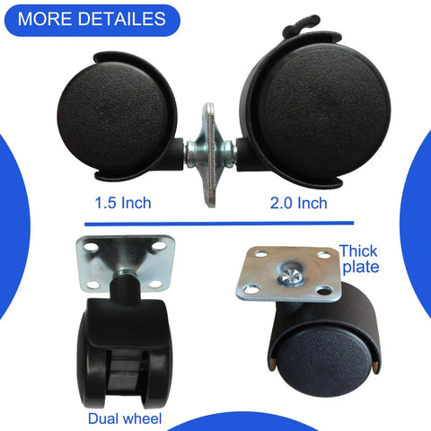 Comparison of 1.5 Inch Caster Wheels Replacement Set 4 Pack Universal Small Swivel Rollers with dual wheel design and thick plate.