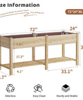 72x24x30.5 wooden raised garden bed with legs, divider, liner bag, drainage holes, bottom storage rack for tools; side view.