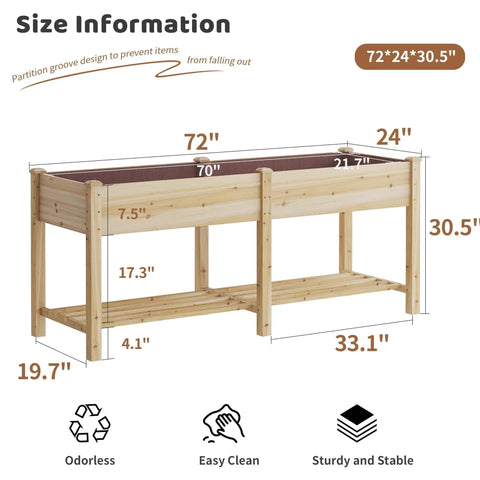 72x24x30.5 wooden raised garden bed with legs, divider, liner bag, drainage holes, bottom storage rack for tools; side view.
