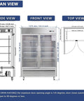 Side and front view of Heavy Duty 54 Inch Upright Commercial Beverage Refrigerator 42 Cubic Foot Stainless Steel Double Glass Door Beer Cooler.