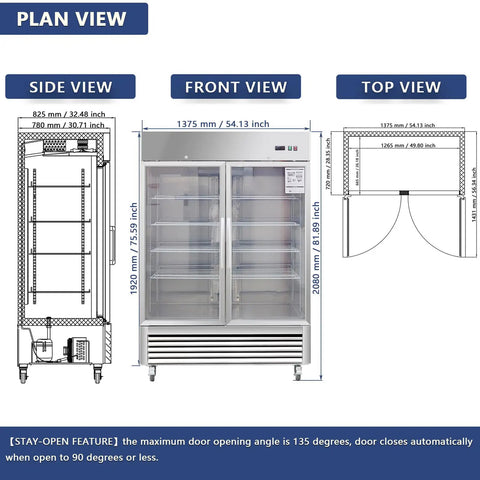 Side and front view of Heavy Duty 54 Inch Upright Commercial Beverage Refrigerator 42 Cubic Foot Stainless Steel Double Glass Door Beer Cooler.