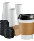 12 Oz Disposable Coffee Cups With Lids And Heat Resistant Sleeves, 100 Sets For Grab And Go Coffee, Travel And Office Use displayed