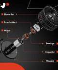 Front HVAC Blower Motor With Brushless Design For Chevy Silverado Tahoe Suburban GMC Sierra Yukon Escalade Cadillac SUVs 2014 2019 Replacement Part Fits 1500 1500 LD 2500 3500 HD as exploded view showing fan components and housing