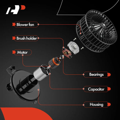 Front Hvac Heater Blower Motor With Fan Cage Assembly Straight Up Plug And Play Replacement For Nissan Leaf 2011 Through 2024 And Nv200 diagram showing components including blower fan, motor, and housing.