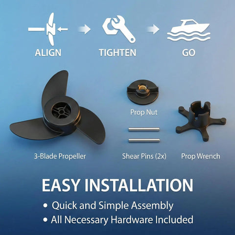 3-Blade Trolling Motor Propeller Replacement For MGA089B kit with propeller, wrench, and hardware for easy installation.