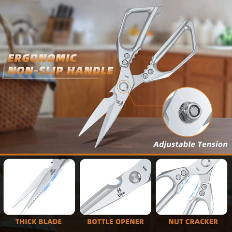 All Purpose Kitchen Scissors Heavy Duty Shears For Poultry And Bone In Stainless Steel Rust Resistant Ultra Sharp Go To Kitchen Tool Built Tough Everyday Chefs Trust, adjustable tension handle