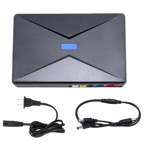 Hassle Free Mini UPS Battery Backup For Router And Modem 8800mAh US Plug with connectors and cords, designed for home office stability.