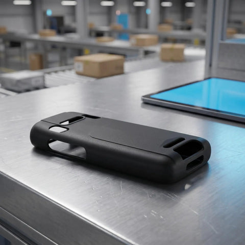 Tough As Nails Nonslip Boot With Crush Proof Armor And Tight Fit For K3S Barcode Scanner resting on a warehouse counter.