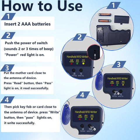 Steps for using Handheld 125kHz RFID Reader And Writer On The Go ID Card Copier For T5577 EM4305 with battery insert view.