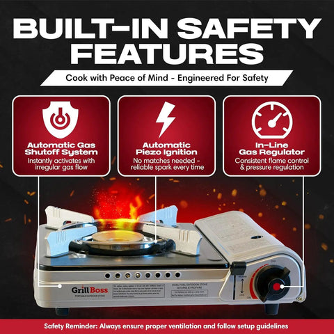 Dual Fuel Camp Stove With 12,000 BTU For Camping And Emergencies, Portable Butane And Propane Burner with safety features